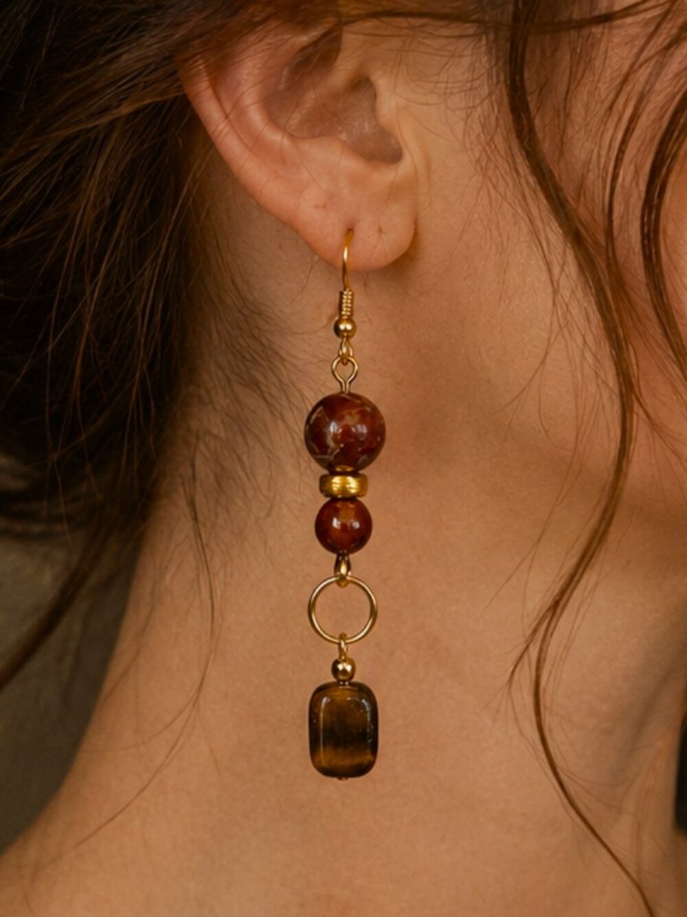 Tiger's Eye & Jasper Earrings with Mahogany Obsidian, 24k Gold Plated